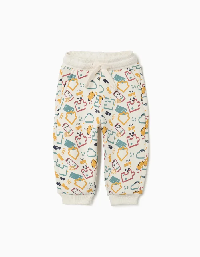Brushed fleece joggers with colourful print for baby boys, white