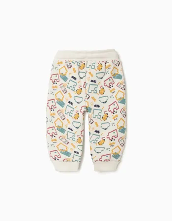 Brushed fleece joggers with colourful print for baby boys, white