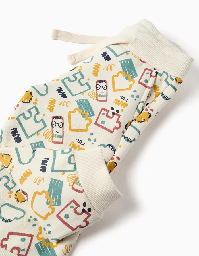 Brushed fleece joggers with colourful print for baby boys, white