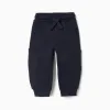 Brushed fleece joggers with cargo pockets for baby boys, navy blue