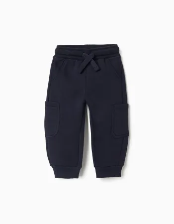 Brushed fleece joggers with cargo pockets for baby boys, navy blue