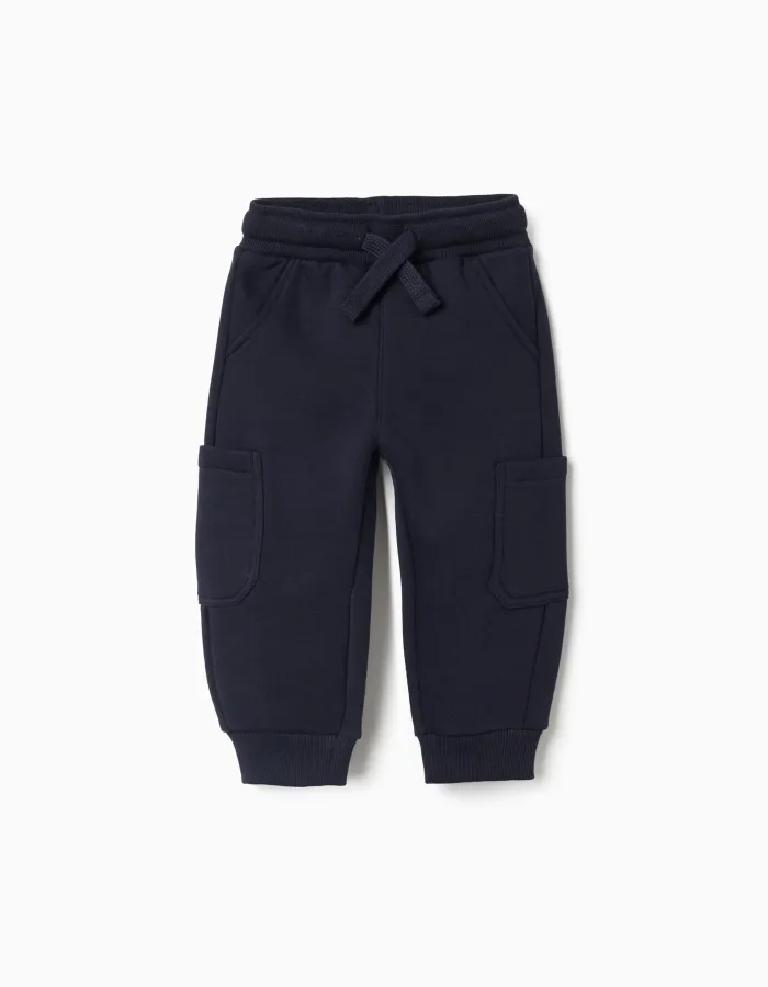 Brushed fleece joggers with cargo pockets for baby boys, navy blue