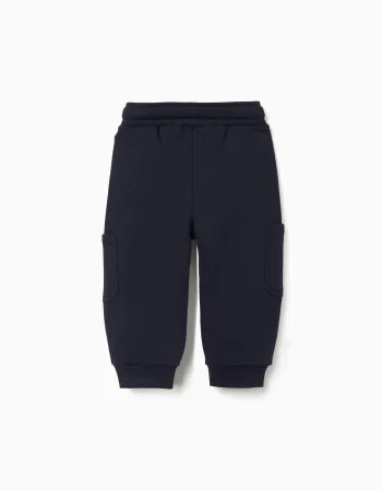 Brushed fleece joggers with cargo pockets for baby boys, navy blue