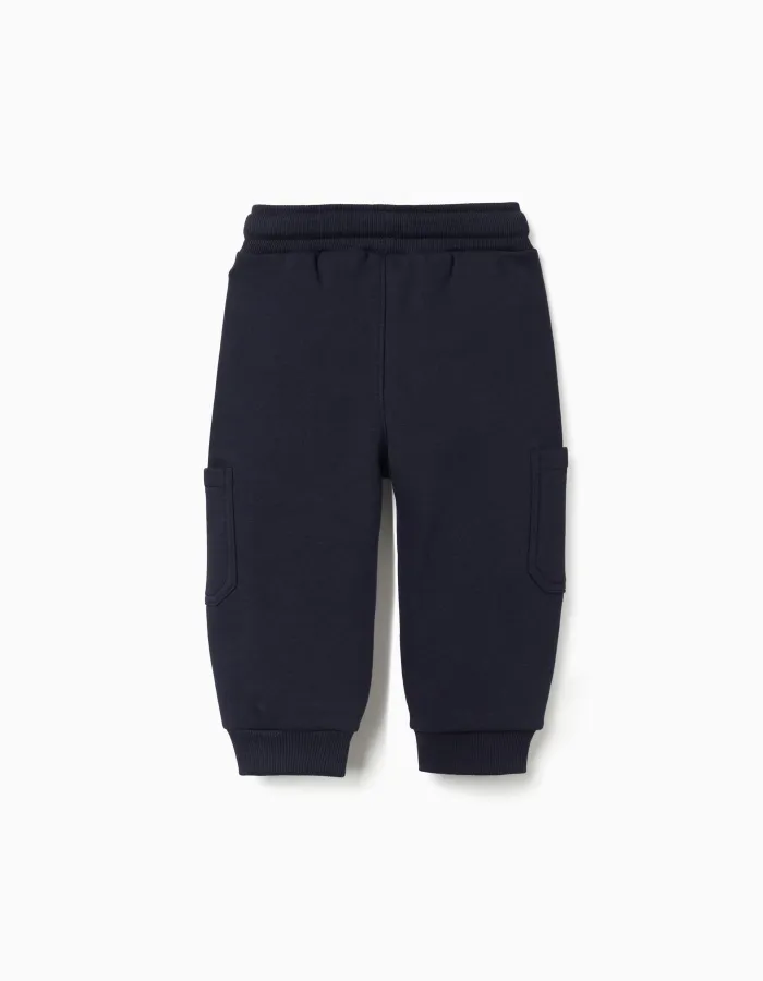 Brushed fleece joggers with cargo pockets for baby boys, navy blue