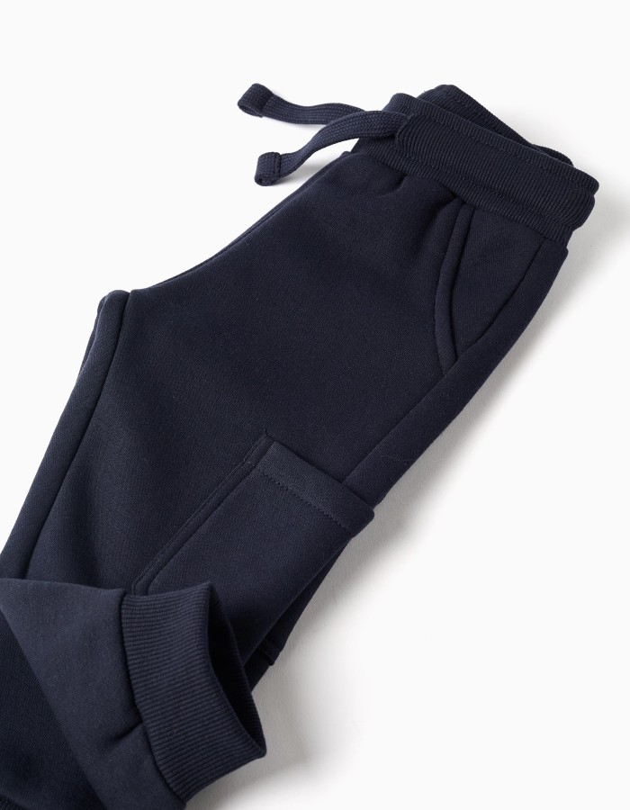 Brushed fleece joggers with cargo pockets for baby boys, navy blue