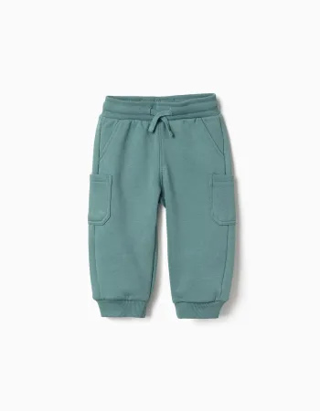 Brushed fleece joggers with cargo pockets for baby boys, blue-green