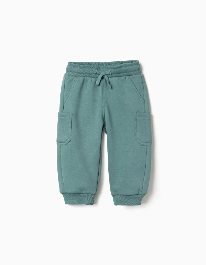 Brushed fleece joggers with cargo pockets for baby boys, blue-green