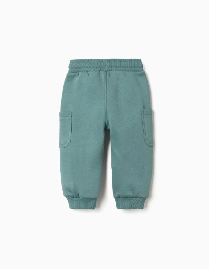 Brushed fleece joggers with cargo pockets for baby boys, blue-green