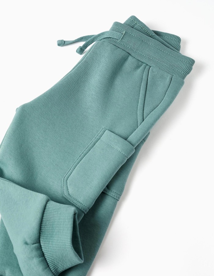 Brushed fleece joggers with cargo pockets for baby boys, blue-green