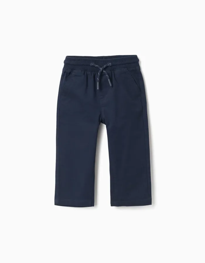 Slim fit twill trousers with drawstring for baby boys, navy blue