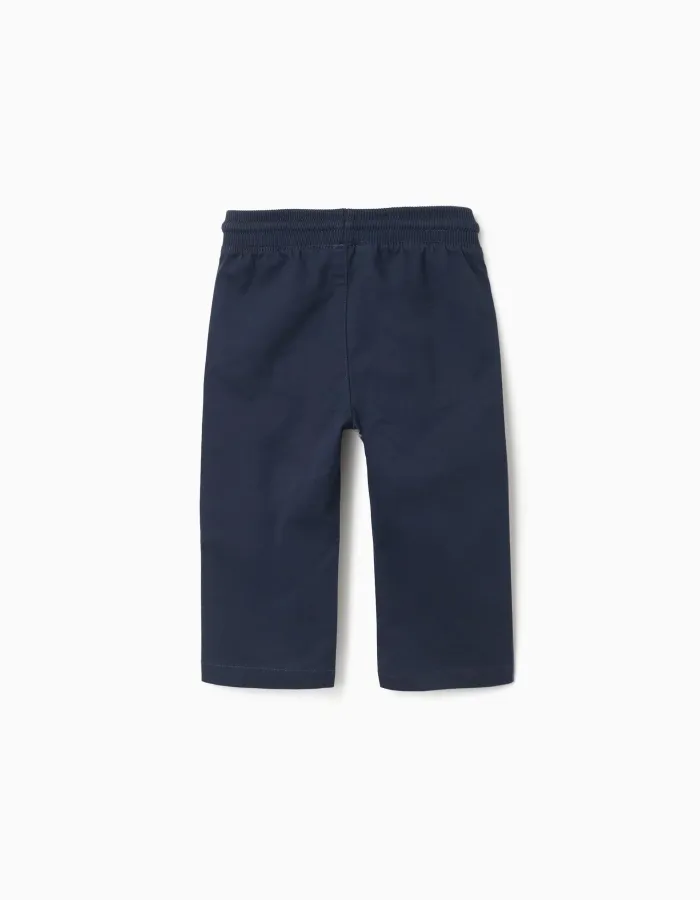 Slim fit twill trousers with drawstring for baby boys, navy blue