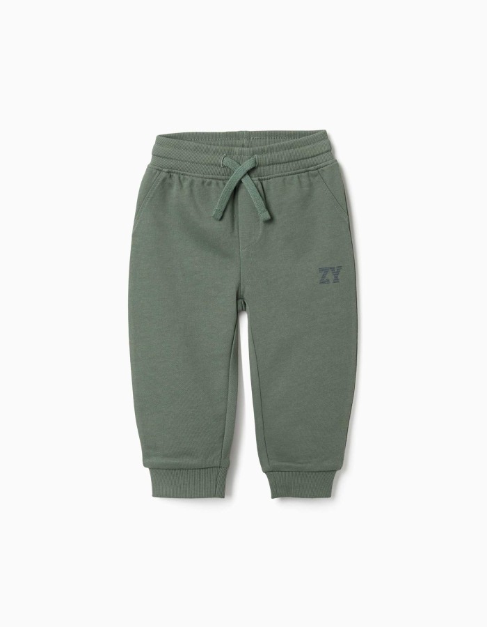 Fleece joggers with drawstring and print for baby boys, dark green