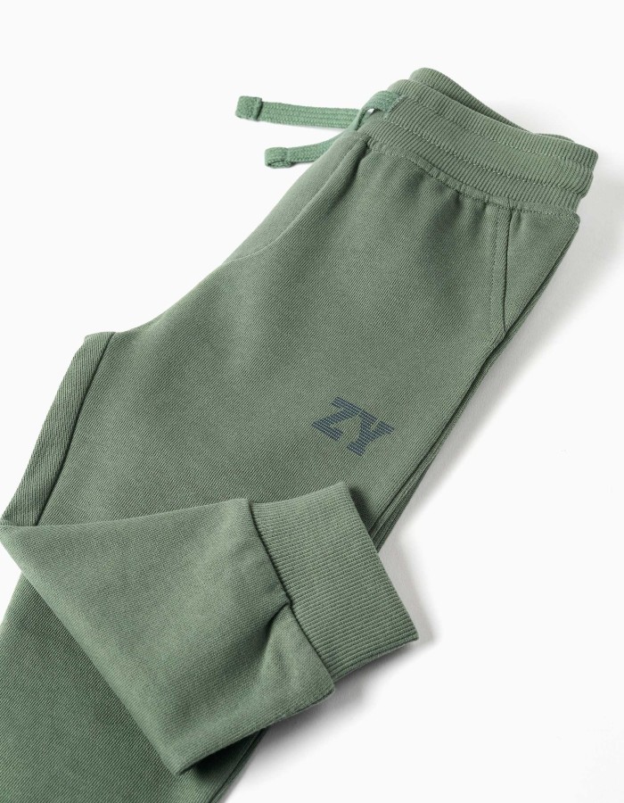 Fleece joggers with drawstring and print for baby boys, dark green