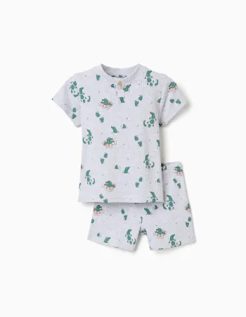 Ribbed cotton pyjamas with alligator motif for baby boys, light grey