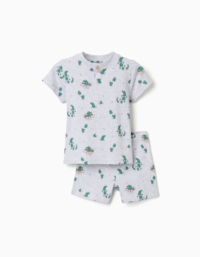 Ribbed cotton pyjamas with alligator motif for baby boys, light grey