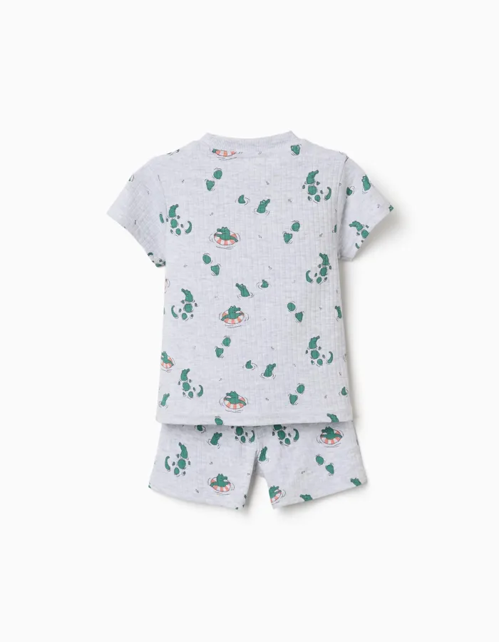 Ribbed cotton pyjamas with alligator motif for baby boys, light grey