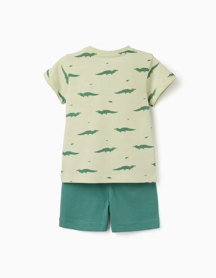 Short sleeve cotton pyjamas with alligator motif for baby boys, green