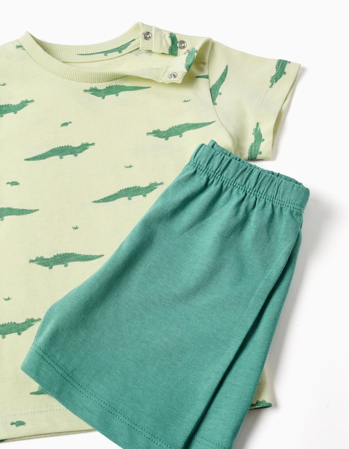 Short sleeve cotton pyjamas with alligator motif for baby boys, green