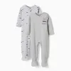 2 cotton babygrows with car prints for newborn and baby boys, green/grey