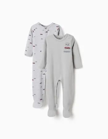 2 cotton babygrows with car prints for newborn and baby boys, green/grey