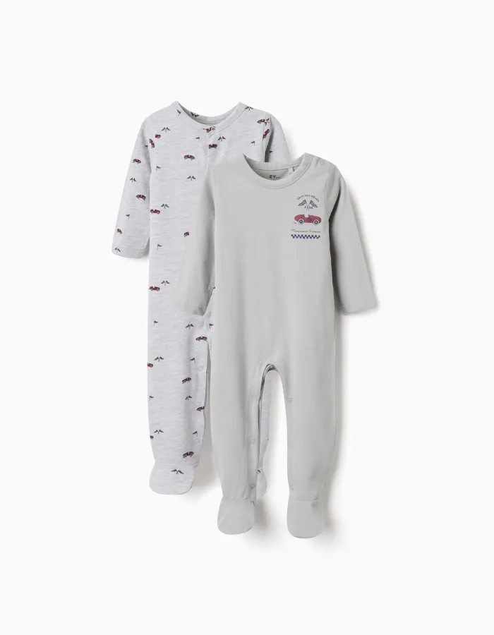 2 cotton babygrows with car prints for newborn and baby boys, green/grey
