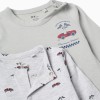 2 cotton babygrows with car prints for newborn and baby boys, green/grey