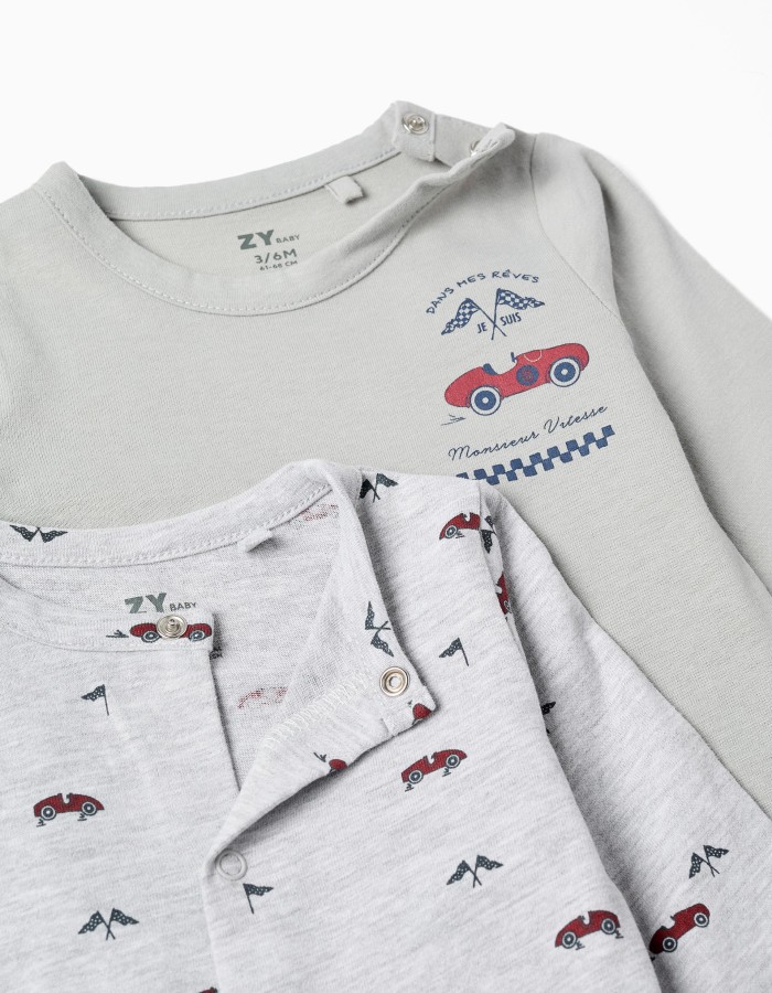 2 cotton babygrows with car prints for newborn and baby boys, green/grey