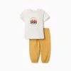 Short sleeve pyjamas with racing car print for baby boys, white/yellow