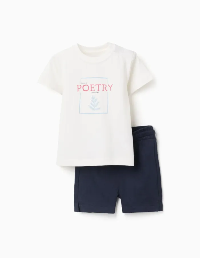 Cotton T-shirt with print + shorts for baby boys, white/dark blue