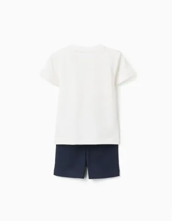 Cotton T-shirt with print + shorts for baby boys, white/dark blue