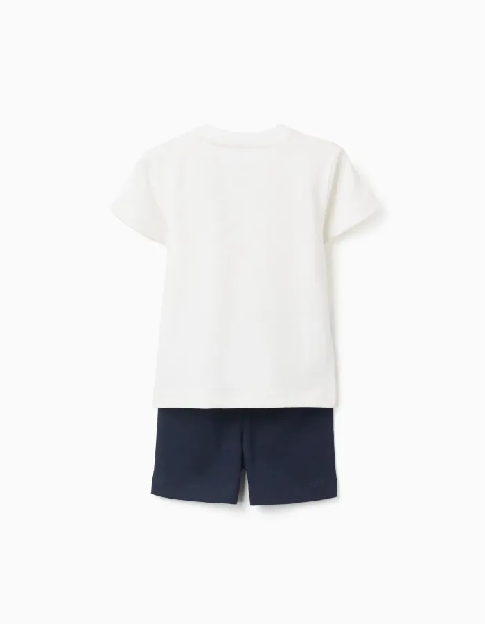 Cotton T-shirt with print + shorts for baby boys, white/dark blue