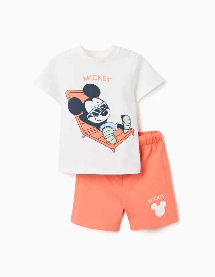 Cotton T-shirt and shorts with Mickey print for baby boys, white/orange