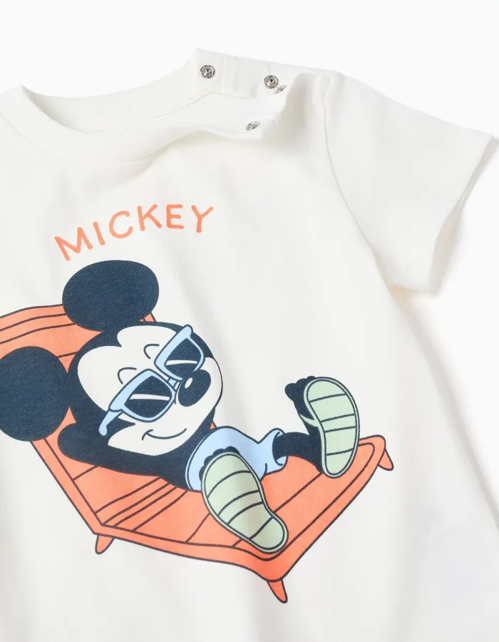 Cotton T-shirt and shorts with Mickey print for baby boys, white/orange