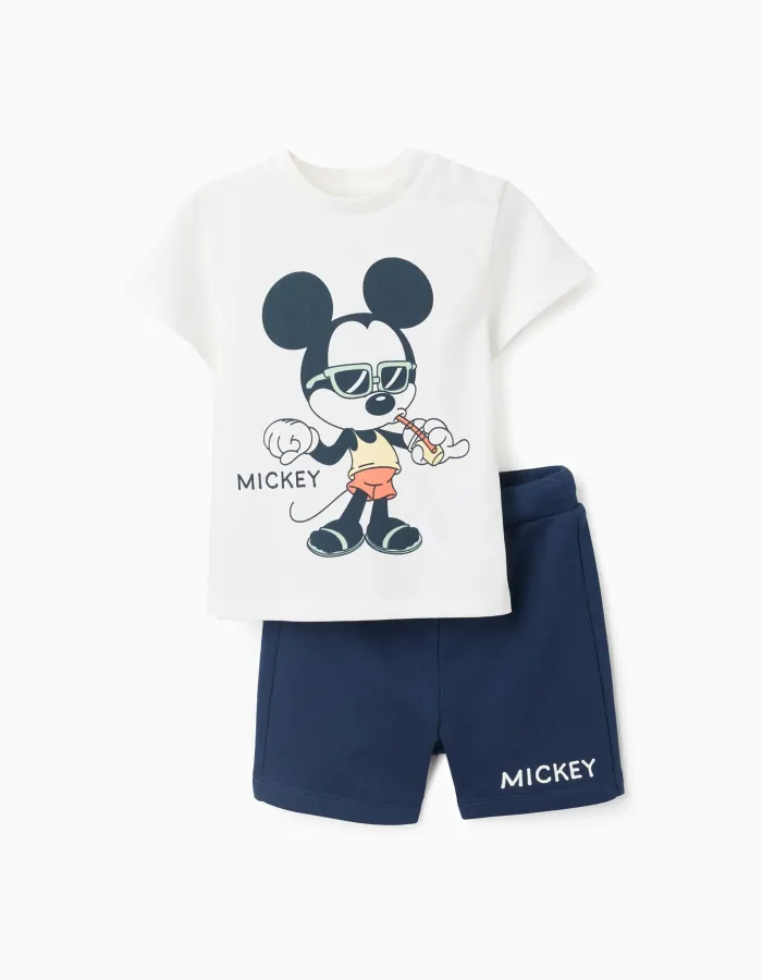 Cotton T-shirt and shorts with Mickey print for baby boys, white/blue