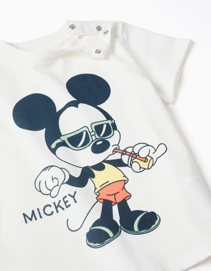 Cotton T-shirt and shorts with Mickey print for baby boys, white/blue