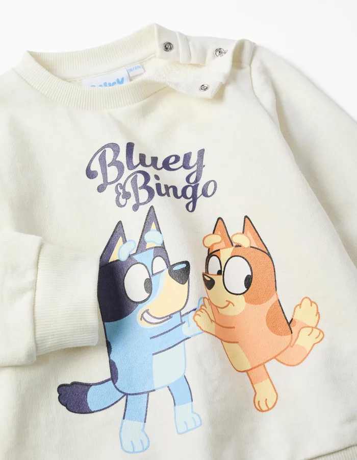 Cotton jogging set with Bluey print for babies and children, white/blue