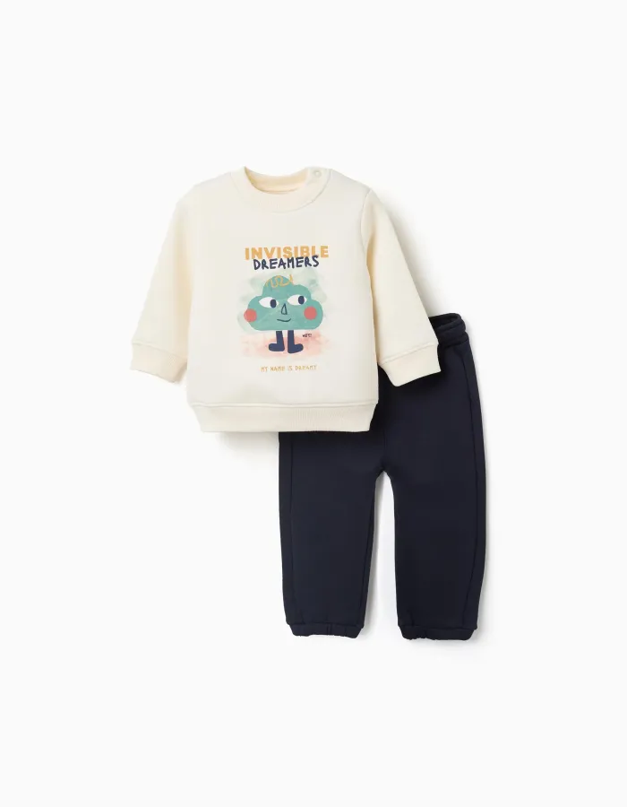 Brushed jogging set with Dreamers print for baby boys, white/navy blue