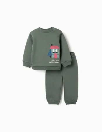 Brushed jogging set with house print for baby boys, dark green