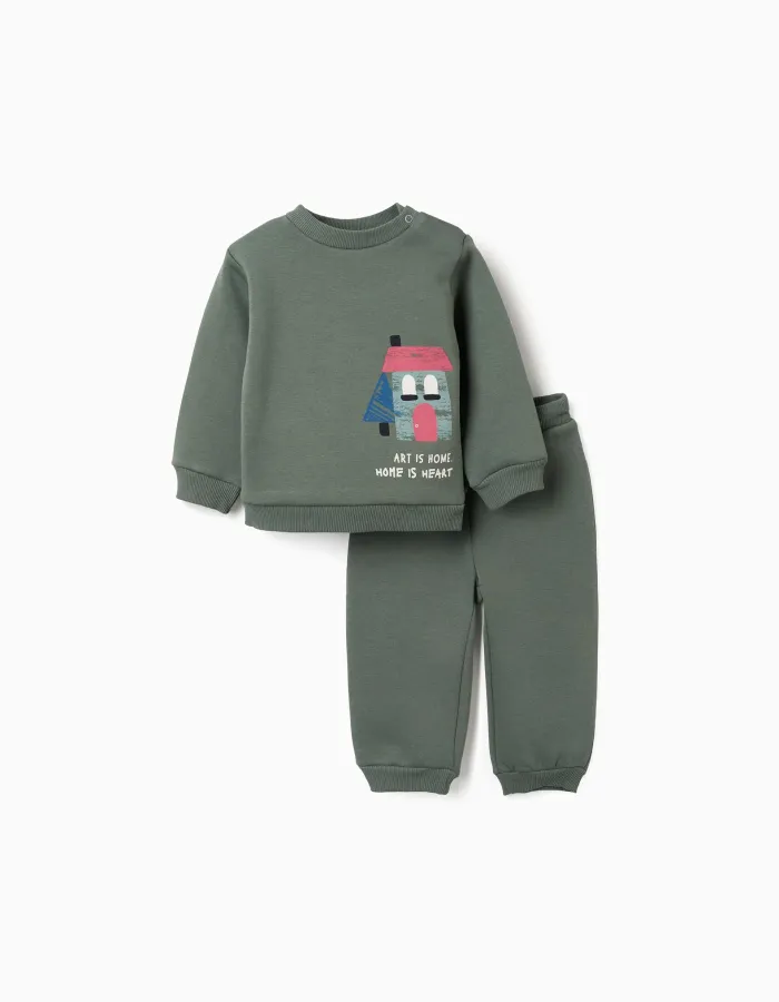 Brushed jogging set with house print for baby boys, dark green