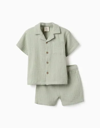 Cotton shirt and shorts set for newborn and baby boys, light green