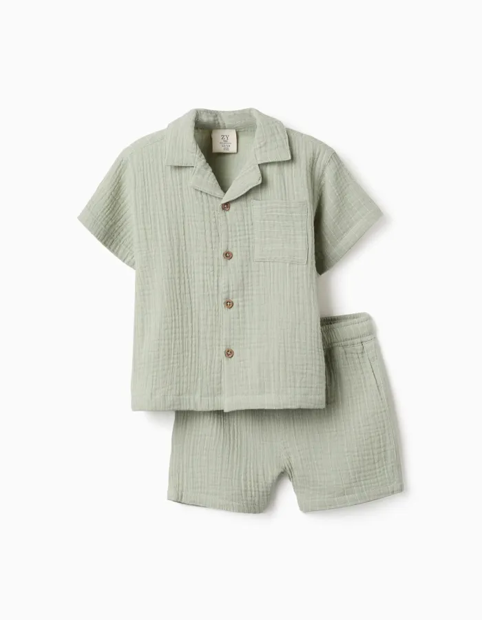 Cotton shirt and shorts set for newborn and baby boys, light green