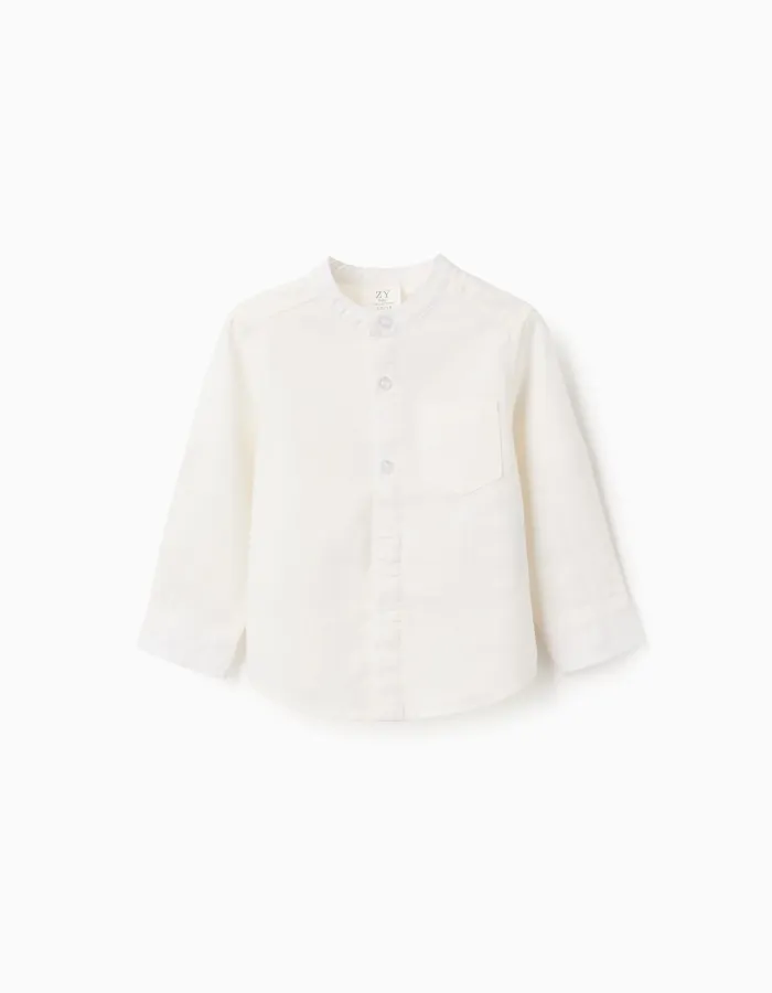 Long sleeve shirt in linen with mao collar for baby boys, white