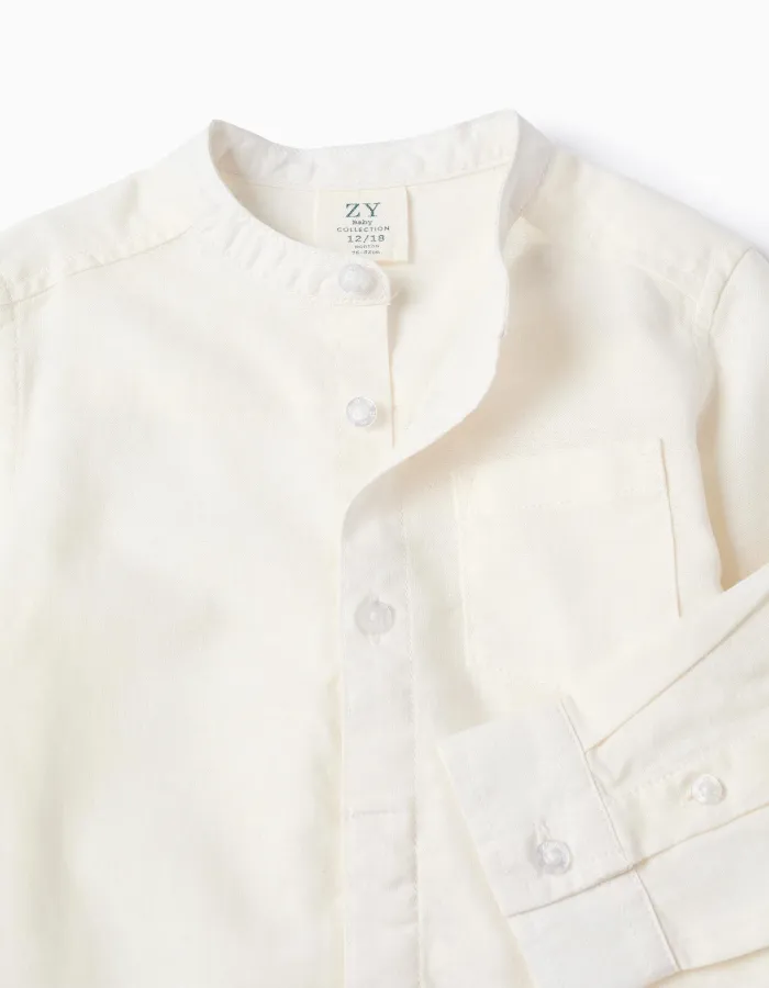 Long sleeve shirt in linen with mao collar for baby boys, white