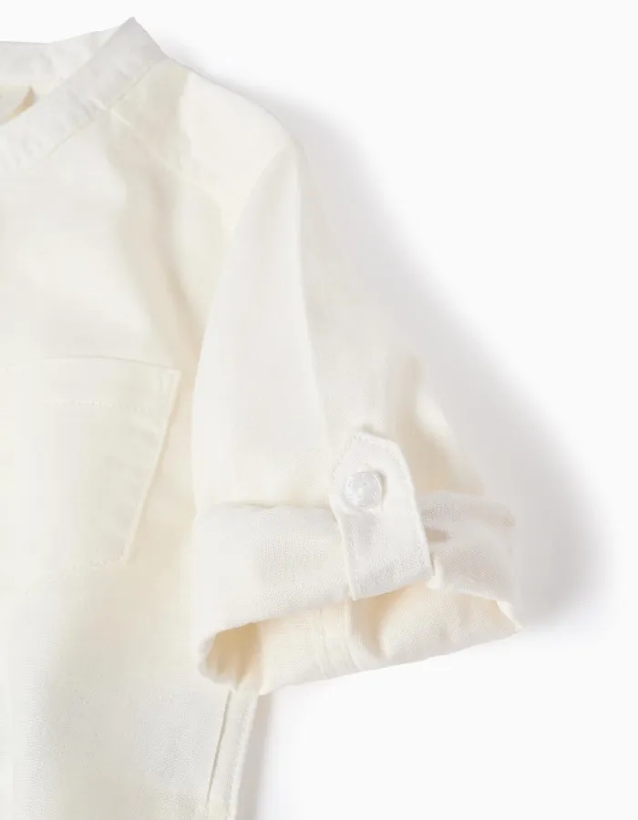 Long sleeve shirt in linen with mao collar for baby boys, white