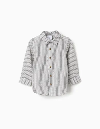 Long sleeve cotton shirt with stripes B&S for baby boys, white/grey