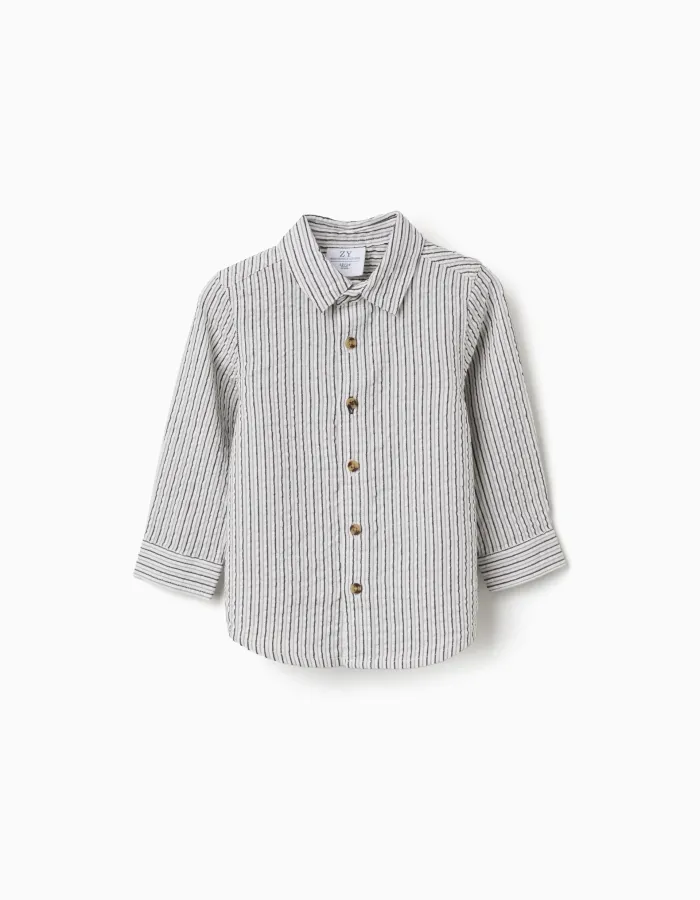 Long sleeve cotton shirt with stripes B&S for baby boys, white/grey
