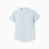 Linen and cotton short sleeve shirt with pocket for baby boys, light blue