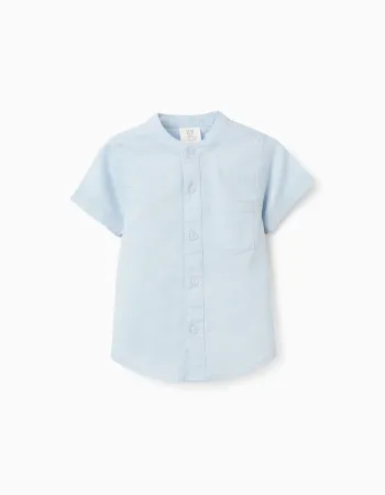 Linen and cotton short sleeve shirt with pocket for baby boys, light blue