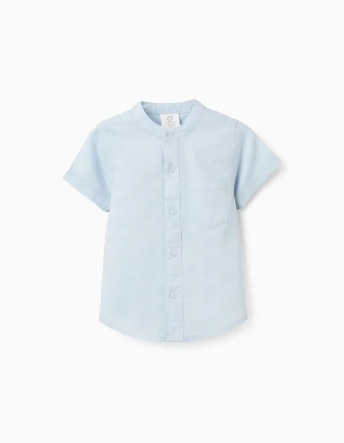 Linen and cotton short sleeve shirt with pocket for baby boys, light blue