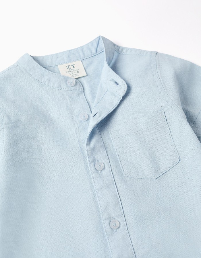 Linen and cotton short sleeve shirt with pocket for baby boys, light blue